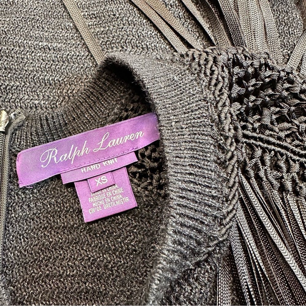Ralph Lauren Collection Black Silk Hand Knit Fringe Trimmed Long Sleeve Sweater